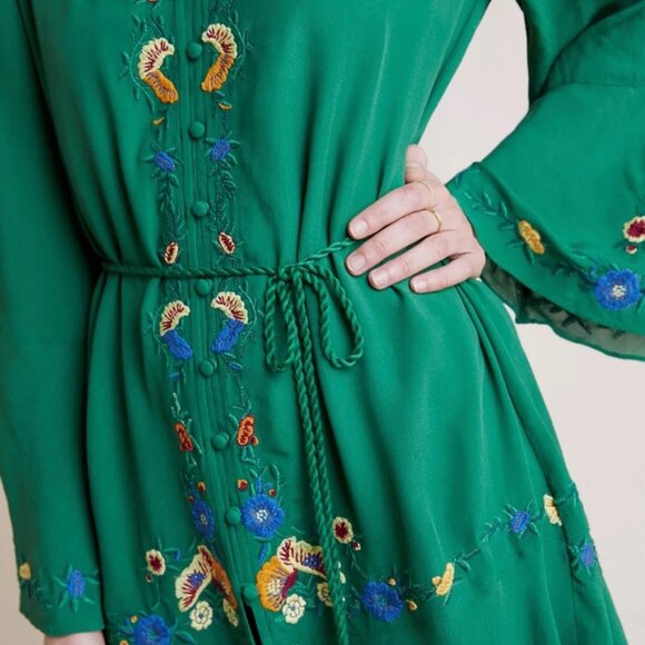 Anthropologie Farm Rio Jessalyn Emboidered Green Floral Cottage Core Dress S - Picture 4 of 4